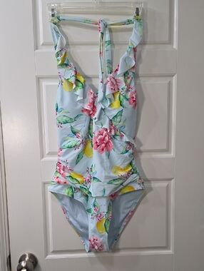 Cupshe Light Blue Floral Lemon One-Piece Swimsuit - Medium